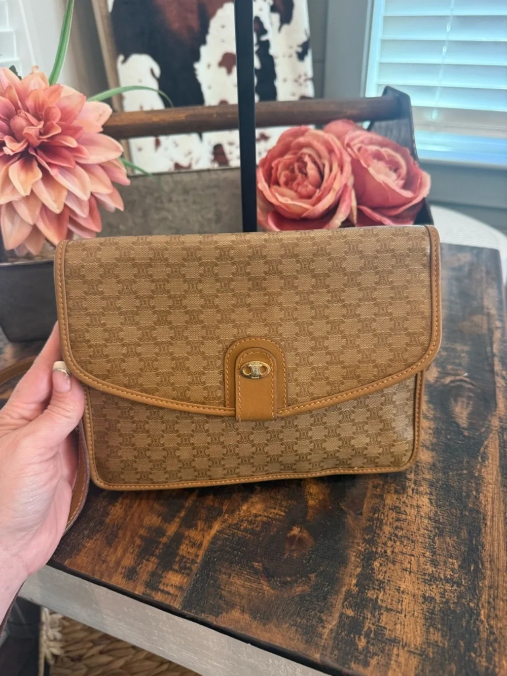 Celine Authentic Tan Macadam Crossbody Shoulder Bag w/Tan leather accent - Picture 2 of 15